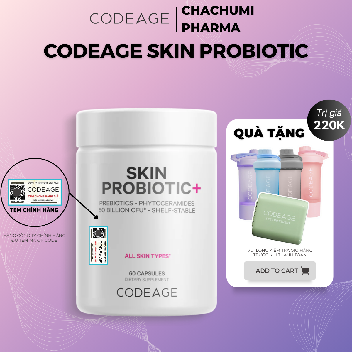 Codeage Skin Probiotic - Viên Uống Bổ Sung Lợi Khuẩn, Giảm Mụn & Khỏe Da 60 viên
