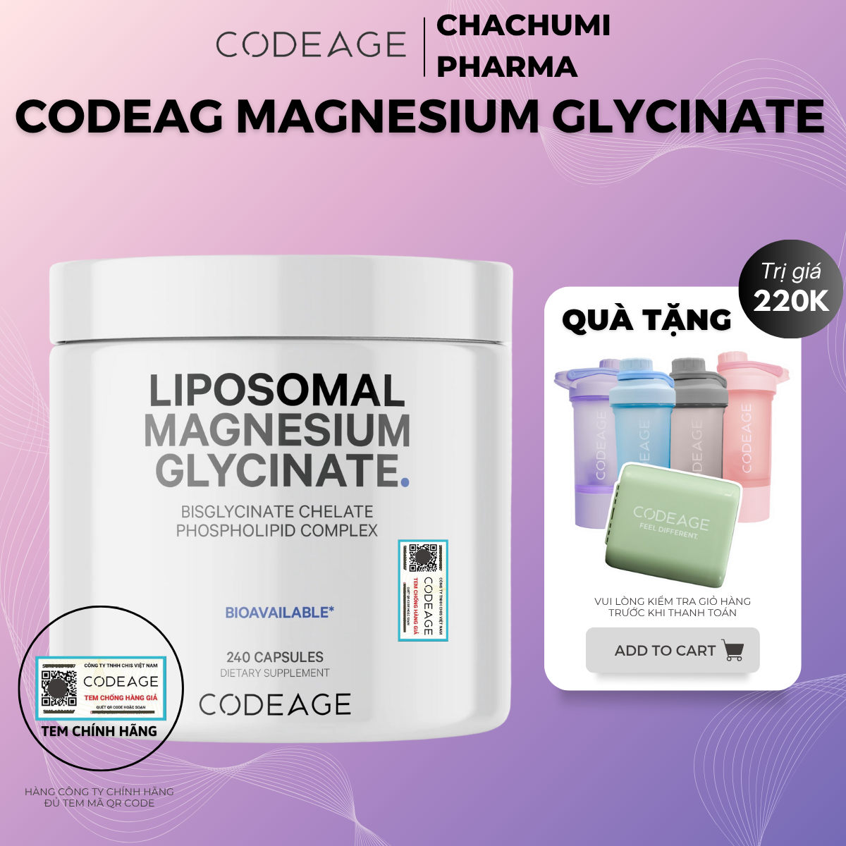 Codeage Liposomal Magnesium Glycinate 240v - Viên Uống Bổ Sung Magiê Hỗ Trợ Tập Gym, Giấc Ngủ, Xương Khớp, Giảm Stress