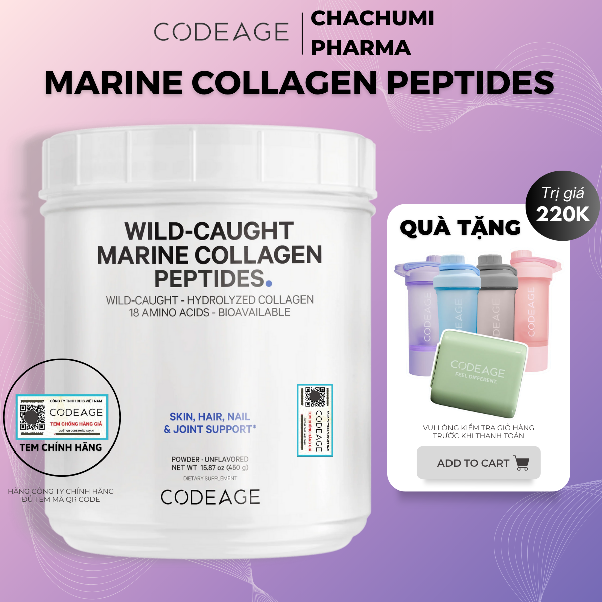 [2 MARINE, mtd TẶNG 1 MARINE] Bột Collagen Codeage Marine 450g Collagen Thủy Phân Giúp Trẻ Hóa Da, Móng, Tóc