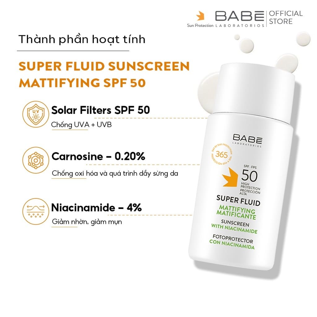 Kem Chống Nắng Phổ Rộng BABE Solar Super Fluid Screen Kiềm Dầu, Dưỡng Ẩm SPF50+