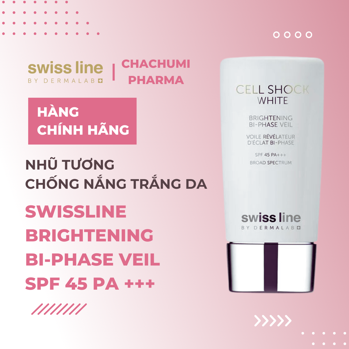 Swissline Cell Shock White Brightening Bi-Phase Veil SPF PA 45+++ - Nhũ tương chống nắng trắng da, phiên bản màng lọc khoáng chất chống ô nhiễm và kháng tia, hiệu chỉnh màu sắc thông minh, chỉ số SPF 45 PA+++