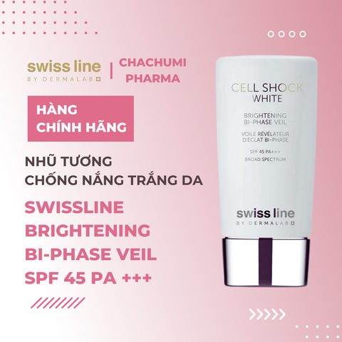 Swissline Cell Shock White Brightening Bi-Phase Veil SPF PA 45+++ - Nhũ tương chống nắng trắng da, phiên bản màng lọc khoáng chất chống ô nhiễm và kháng tia, hiệu chỉnh màu sắc thông minh, chỉ số SPF 45 PA+++