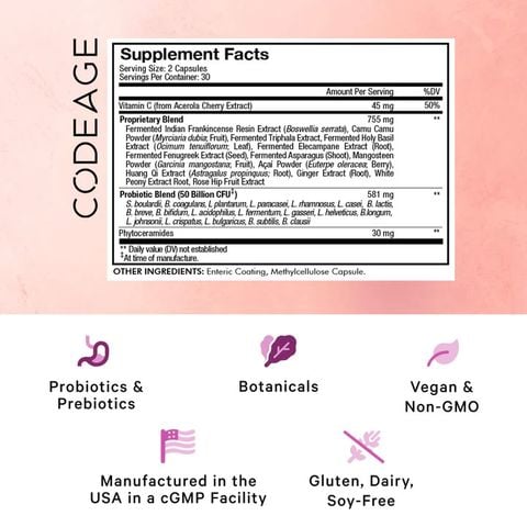 Codeage Skin Probiotic - Viên Uống Bổ Sung Lợi Khuẩn, Giảm Mụn & Khỏe Da 60 viên