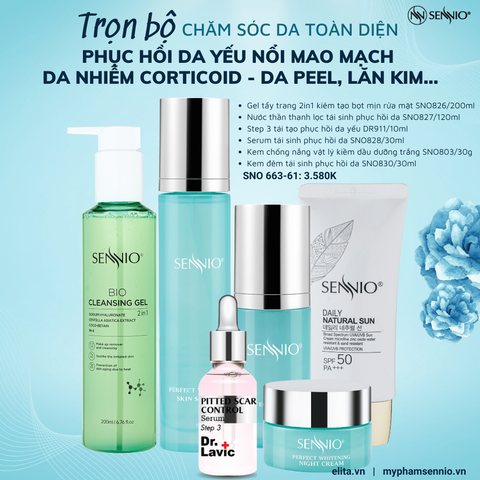  Bộ 06 sản phẩm chăm sóc da toàn diện giải pháp phục hồi da yếu nổi mao mạch da nhiễm corticoid - Da peel, lăn kim... Sennio - Dr.lavic SNO 663-61 