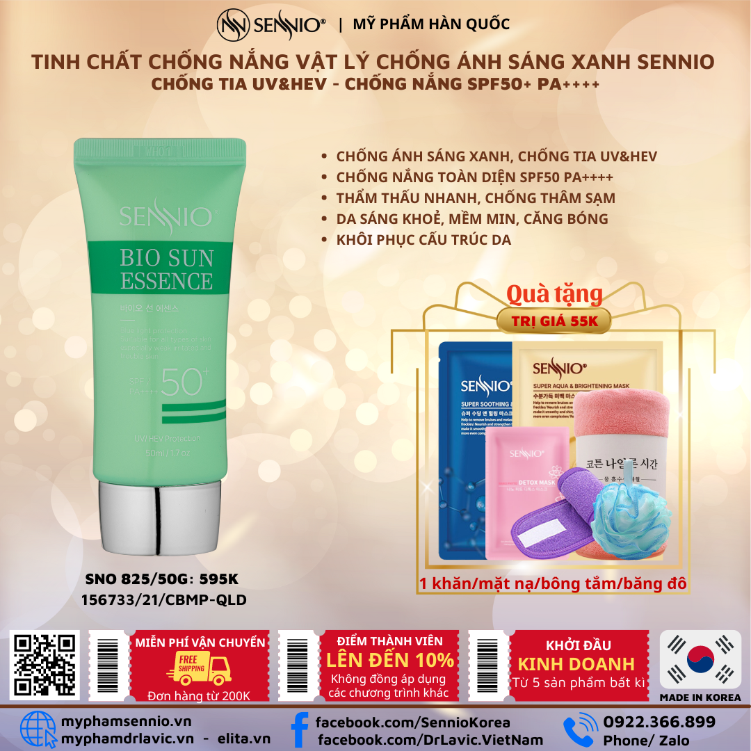  Tinh chất chống nắng, chống ánh sáng xanh, kiềm dầu 24h Sennio Bio Sun Essence 50ml kem chống nắng bảo vệ da ngừa thâm  SNO 825 