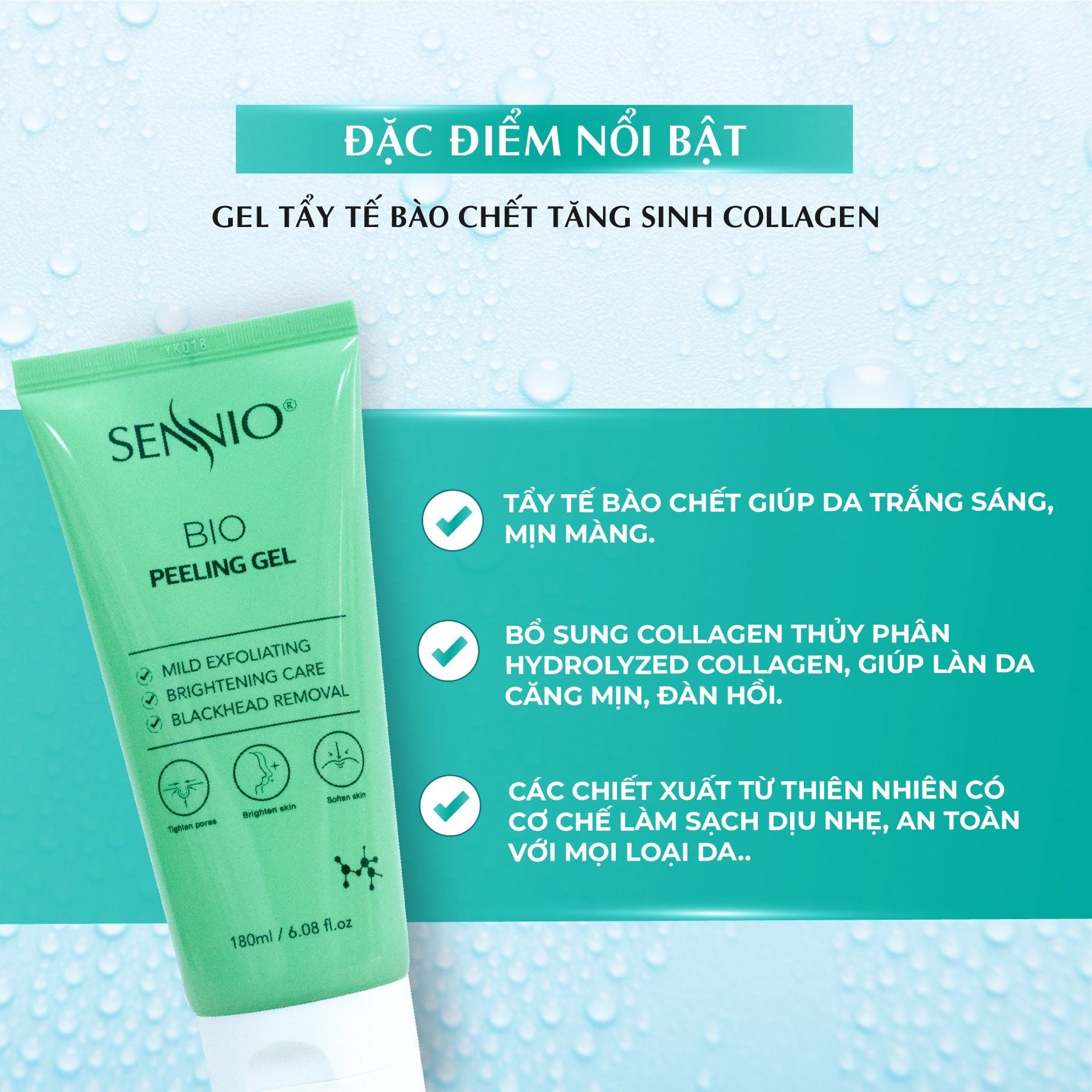  Gel tẩy tế bào chết da mặt SENNIO tăng sinh Collagen sáng da, làm sạch sâu, giảm ngừa mụn đầu đen 180ml SNO 844 