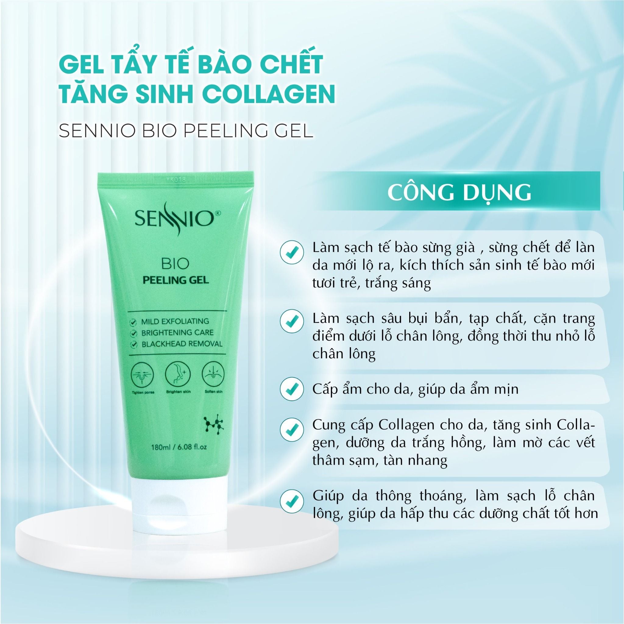  Gel tẩy tế bào chết da mặt SENNIO tăng sinh Collagen sáng da, làm sạch sâu, giảm ngừa mụn đầu đen 180ml SNO 844 