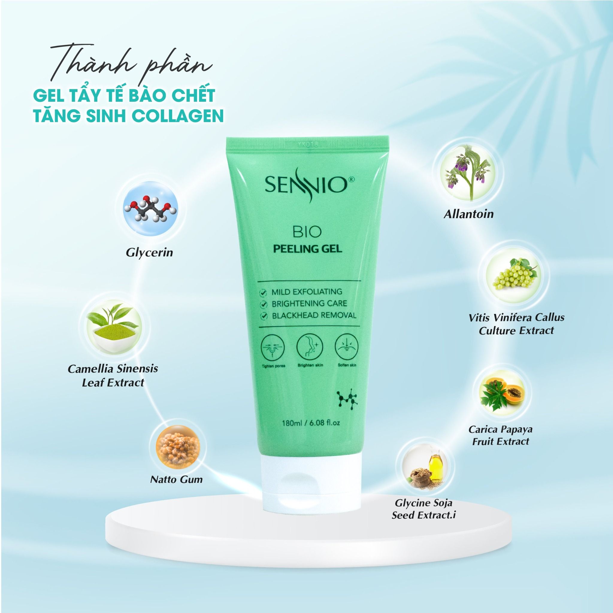  Gel tẩy tế bào chết da mặt SENNIO tăng sinh Collagen sáng da, làm sạch sâu, giảm ngừa mụn đầu đen 180ml SNO 844 