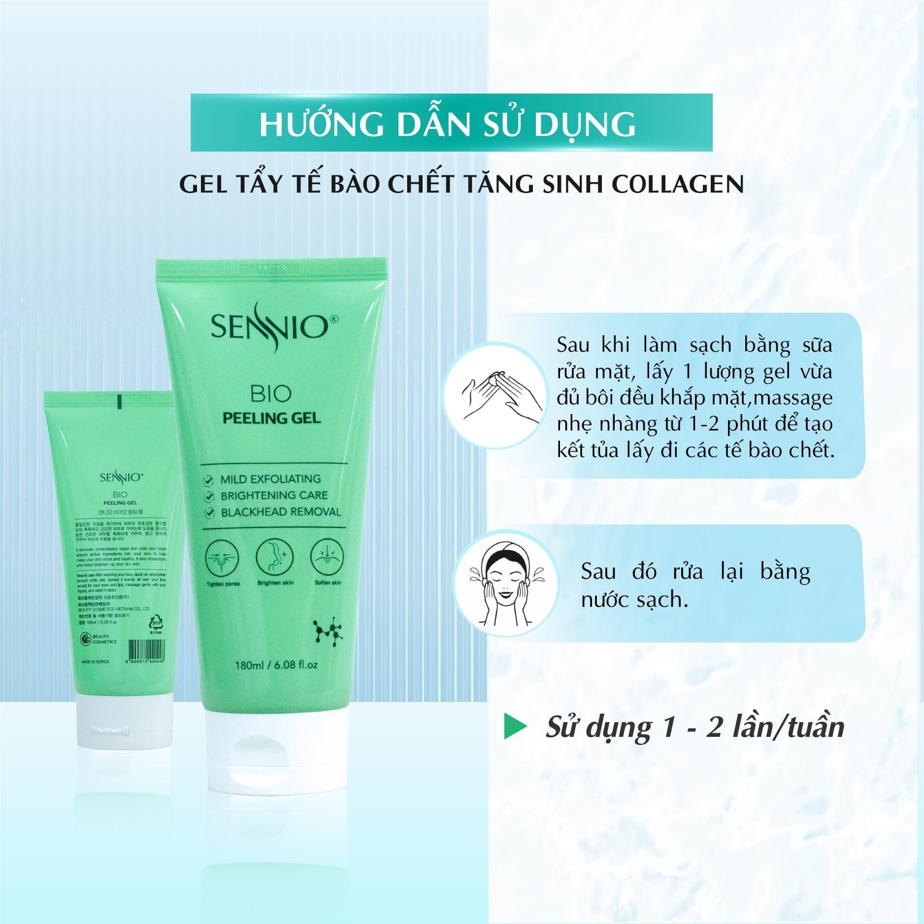  Gel tẩy tế bào chết da mặt SENNIO tăng sinh Collagen sáng da, làm sạch sâu, giảm ngừa mụn đầu đen 180ml SNO 844 