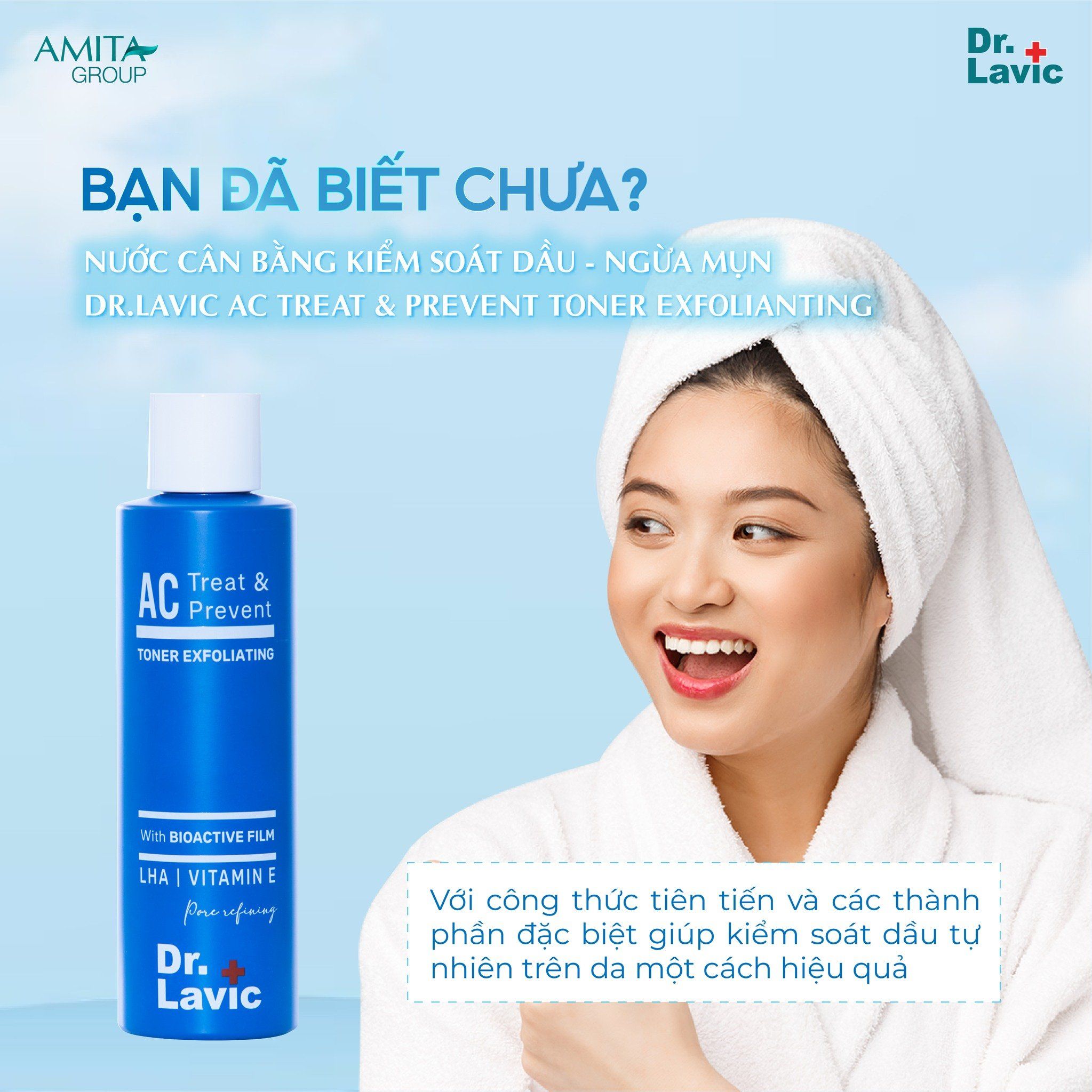  Nước hoa hồng ngừa mụn Dr.Lavic AC Treat & Prevent Toner Exfoliating kiểm soát dầu chống tái phát mụn 180ml DR957 