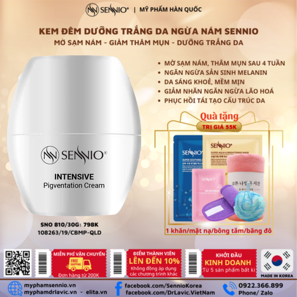  Kem đêm dưỡng trắng da mờ thâm mụn - sạm nám, chống lão hoá Sennio 30ml Intensive Pigmentation Cream SNO810 