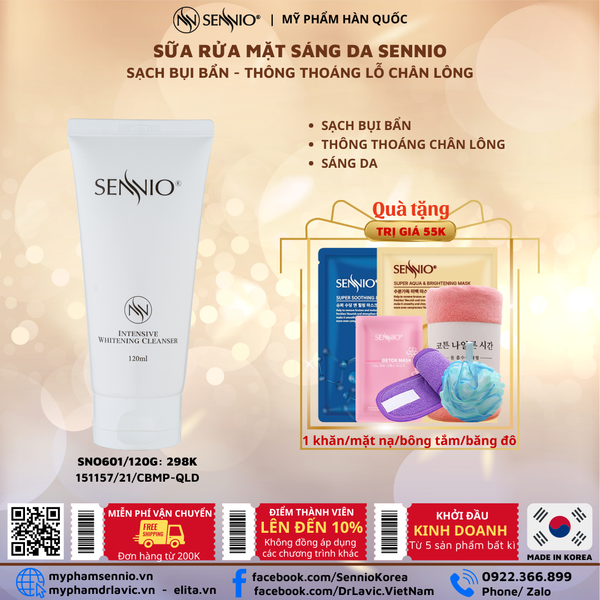  Sữa rửa mặt tạo bọt sạch sâu kiềm dầu cân bằng pH, bảo vệ hàng rào da 120ml Sennio Daily Cleanser dịu nhẹ cho da SNO 601 