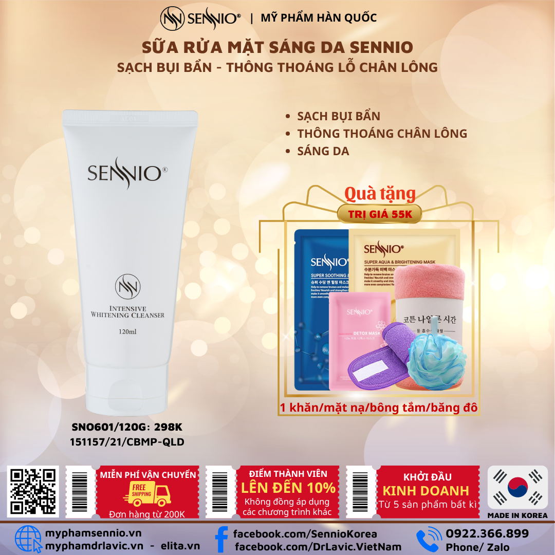  Sữa rửa mặt tạo bọt sạch sâu kiềm dầu cân bằng pH, bảo vệ hàng rào da 120ml Sennio Daily Cleanser dịu nhẹ cho da SNO 601 