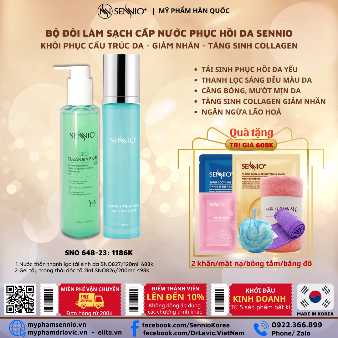 Bộ đôi sản phẩm chăm sóc da làm sạch sâu bảo vệ hàng rào da, cân bằng pH cho da ngăn ngừa mụn Sennio Dành cho da khô, nhạy cảm, da dầu SNO 648-23 