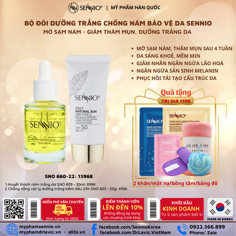  Bộ 2 sản phẩm dưỡng trắng da bảo vệ da mờ thâm nám, tàn nhang, ngăn tăng sắc tố melanin ngày Sennio Set 2 SNO 660-22 