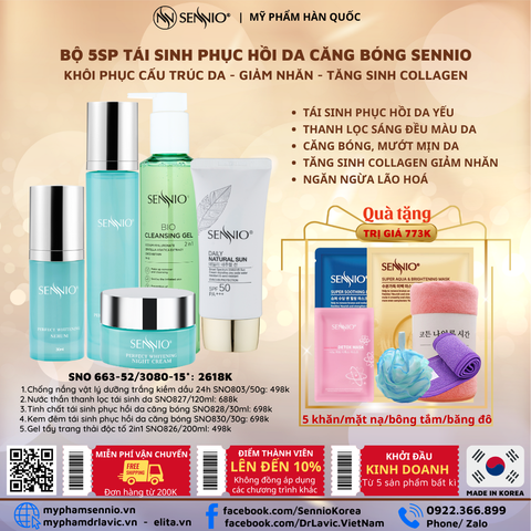  Bộ 5 sản phẩm tái sinh phục hồi da căng bóng sennio khôi phục cấu trúc da - giảm nhăn - tăng sinh collagen Sennio - SNO 663-52 