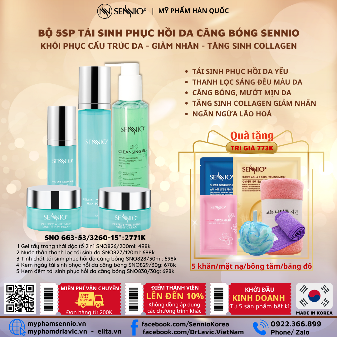  Bộ 5 sản phẩm tái sinh phục hồi da căng bóng sennio khôi phục cấu trúc da - giảm nhăn - tăng sinh collagen Sennio - SNO 663-53 