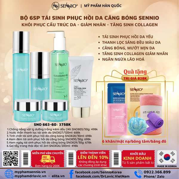 Bộ 6 sản phẩm tái sinh phục hồi da căng bóng sennio khôi phục cấu trúc da - giảm nhăn - tăng sinh collagen Sennio - SNO 663-60 