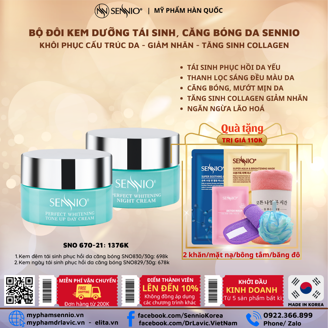  Bộ đôi sản phẩm cấp ẩm căng bóng phục hồi tái tạo dưỡng trắng da ban đêm Sennio SNO 670-21 