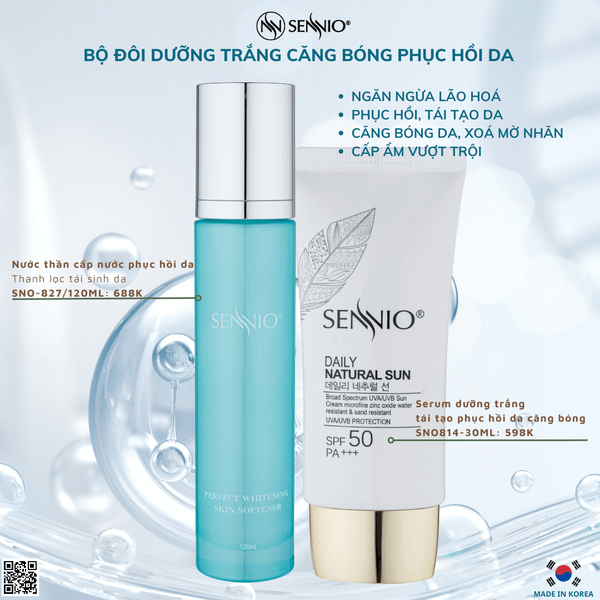  Bộ đôi bảo vệ da phục hồi tái tạo da chống nắng dưỡng trắng da phù hợp cho da dầu mụn Sennio SNO 670-24 