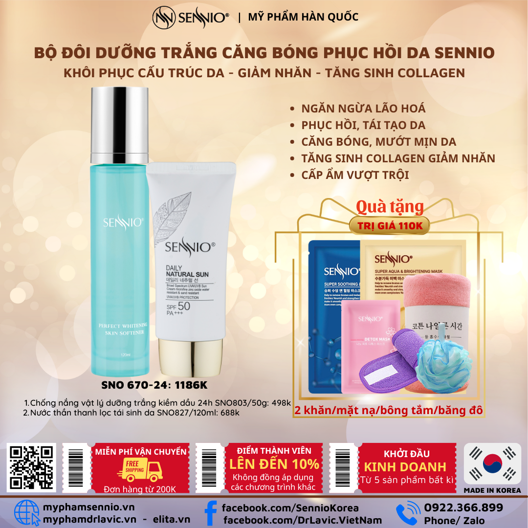  Bộ đôi bảo vệ da phục hồi tái tạo da chống nắng dưỡng trắng da phù hợp cho da dầu mụn Sennio SNO 670-24 