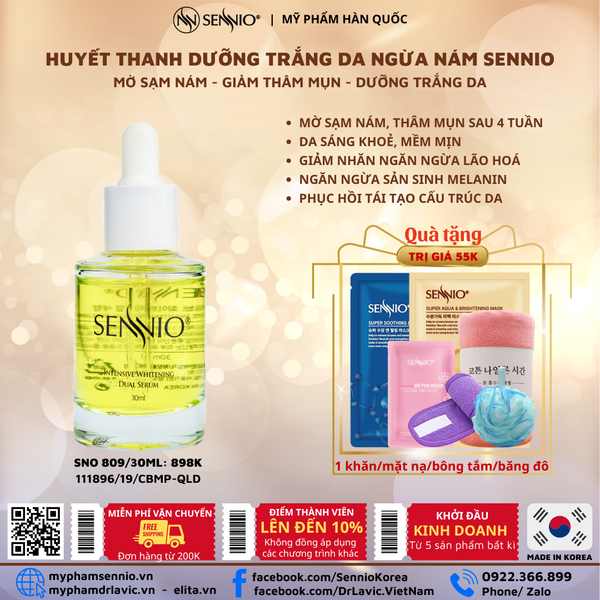  Huyết Thanh (Serum) Dưỡng Trắng Da SENNIO Mờ Nám Sạm Thâm Mụn, Sáng Đều Màu Da, Ngừa Melanin chống lão hoá SNO809 50ml 