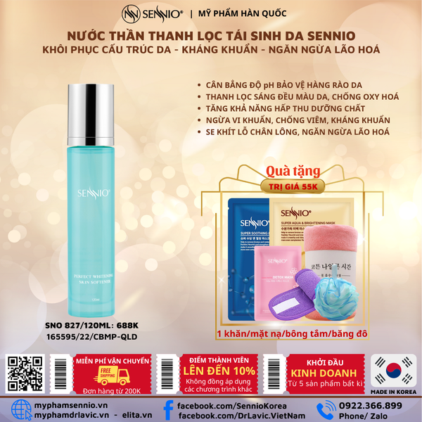  Nước thần thanh lọc, tái sinh da, se khít lỗ chân lông, cấp ẩm tái tạo và phục hồi da - Sennio Perfect Whitening Skin Softener - SENNIO SNO 827 