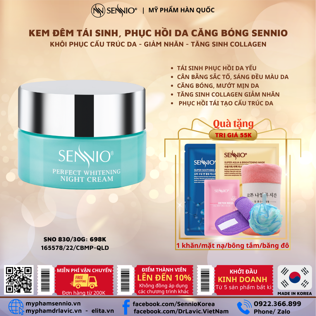  Kem đêm tái sinh, phục hồi da căng bóng, dưỡng trắng da mặt cấp ẩm giảm nhăn - Sennio Perfect Whitening Night Cream - SENNIO SNO 830 