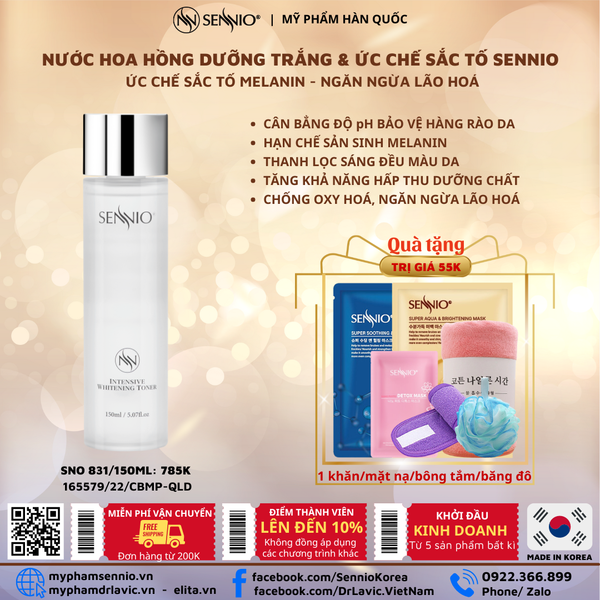  Nước hoa hồng dưỡng trắng và ức chế sắc tố, Cân Bằng pH - Sennio Intensive Whitening Toner - SNO 831 