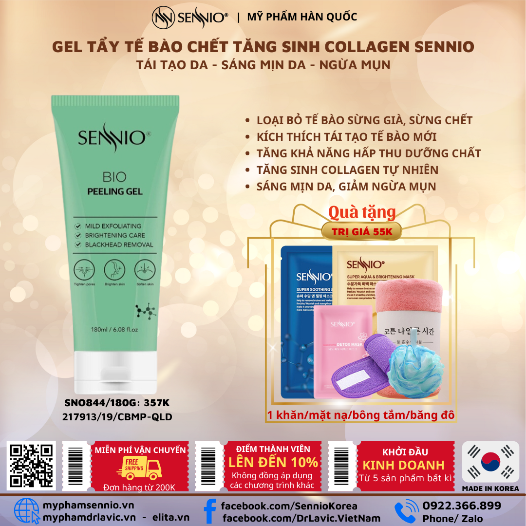  Gel tẩy tế bào chết da mặt SENNIO tăng sinh Collagen sáng da, làm sạch sâu, giảm ngừa mụn đầu đen 180ml SNO 844 