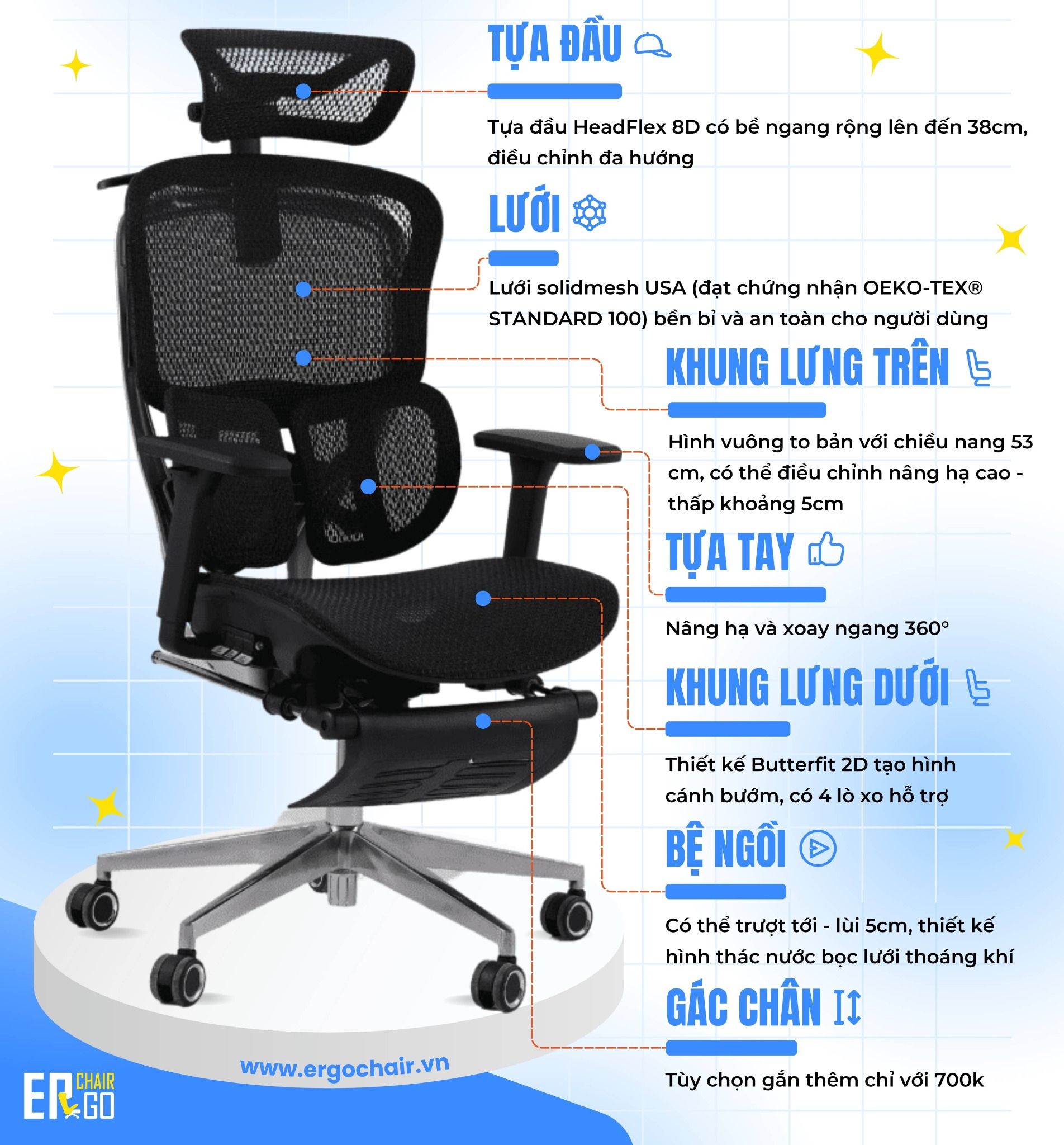  Ghế Công Thái Học Gami Crom bản Lưng Carbon (tùy chọn gắn thêm gác chân) 