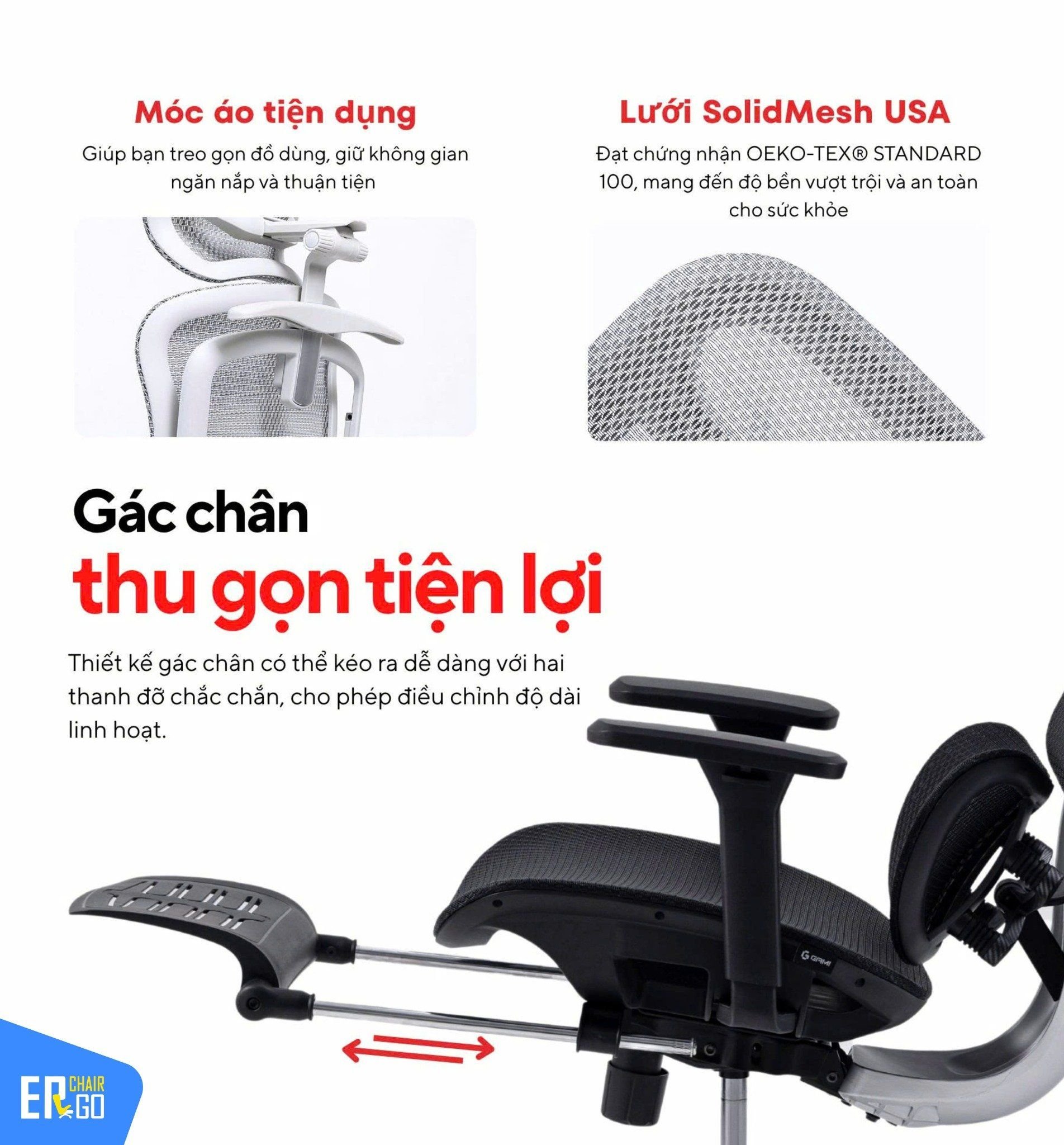  Ghế Công Thái Học Gami Crom bản thường màu Xám 2025 (tùy chọn gắn thêm gác chân) 