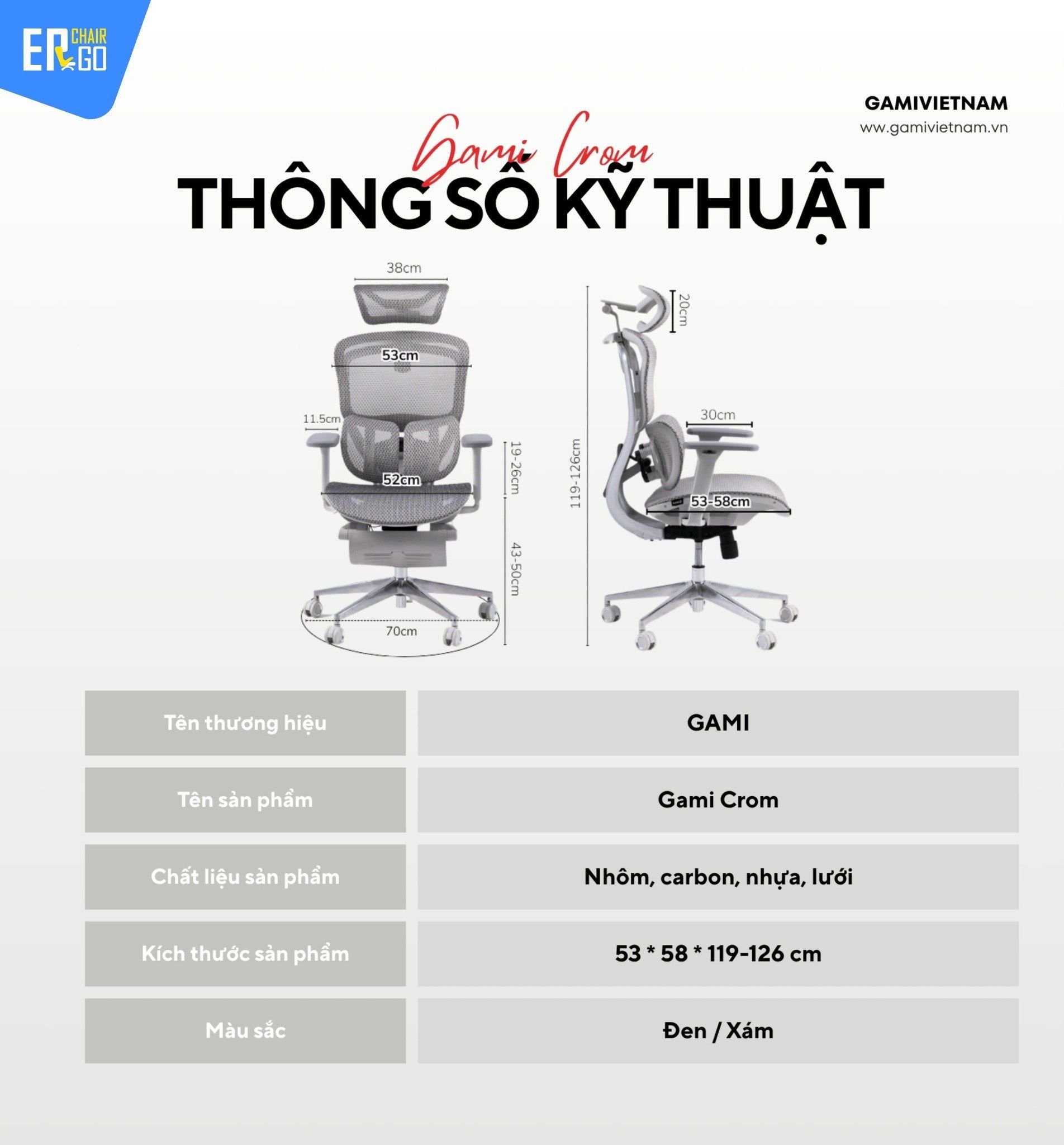  Ghế Công Thái Học Gami Crom bản thường màu Xám 2025 (tùy chọn gắn thêm gác chân) 