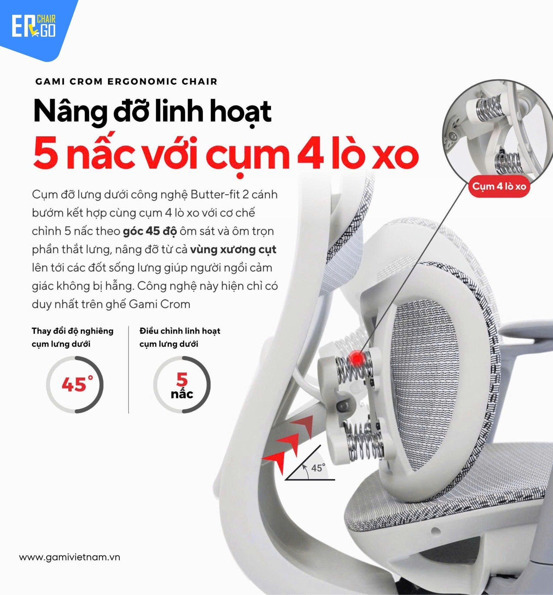  Ghế Công Thái Học Gami Crom bản thường màu Xám 2025 (tùy chọn gắn thêm gác chân) 