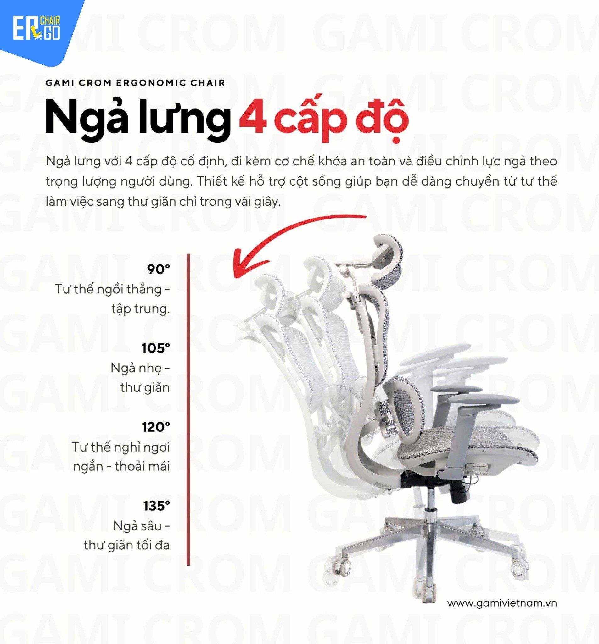  Ghế Công Thái Học Gami Crom bản thường màu Xám 2025 (tùy chọn gắn thêm gác chân) 