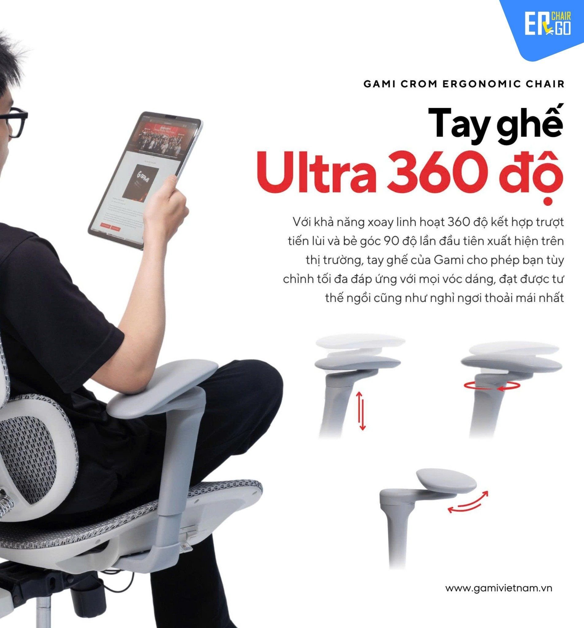  Ghế Công Thái Học Gami Crom bản thường màu Xám 2025 (tùy chọn gắn thêm gác chân) 