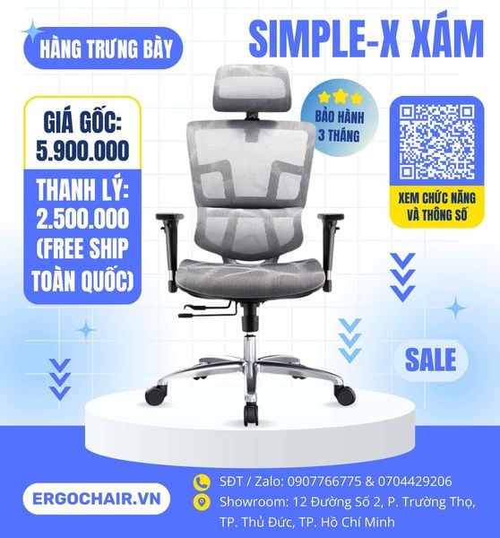  [SOLD - Hàng trưng bày thanh lý] Ghế Ergonomic 2 lưng Simple-X Xám ( TỰA ĐẦU 3D + TAY 3D ) 