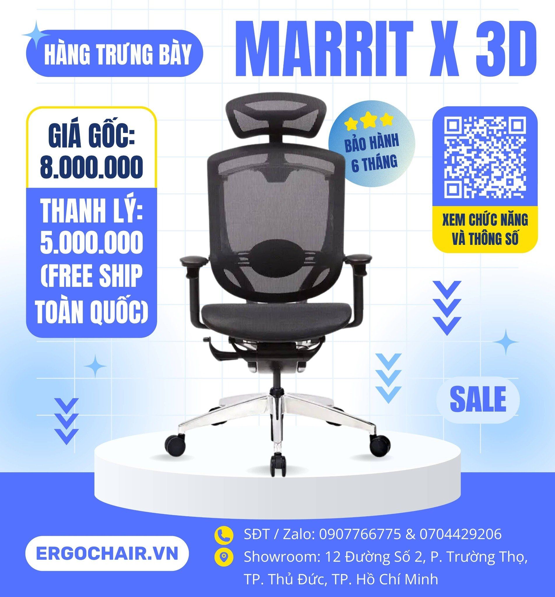  [SOLD - Hàng trưng bày thanh lý] Ghế Ergonomic Công Thái Học Marrit X 3D màu Đen 