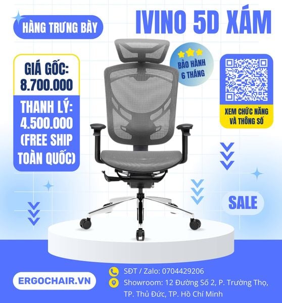  [SOLD - Hàng trưng bày thanh lý] Ghế Ergonomic Công Thái Học Ivino Xám  - Tay cầm 5D 