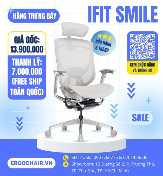  [Hàng trưng bày thanh lý] Ghế Công Thái Học Ergonomic IFIT Smile màu Grey (Trắng Xám) 