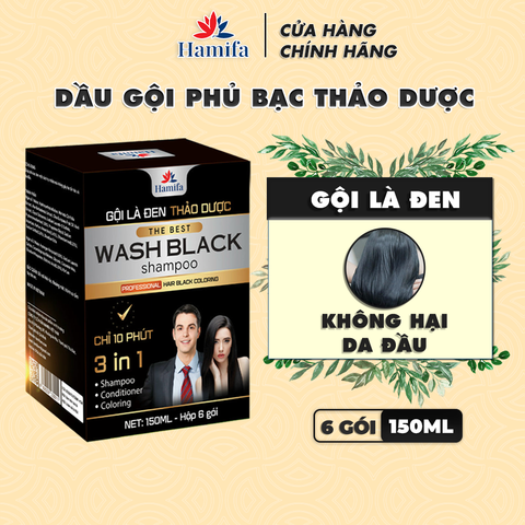 Dầu Gội Phủ Bạc Hamifa Dầu Gội Thảo Dược Nhuộm Tóc Gội Màu Đen Trong 5 phút - Hộp 6 Gói 25ml