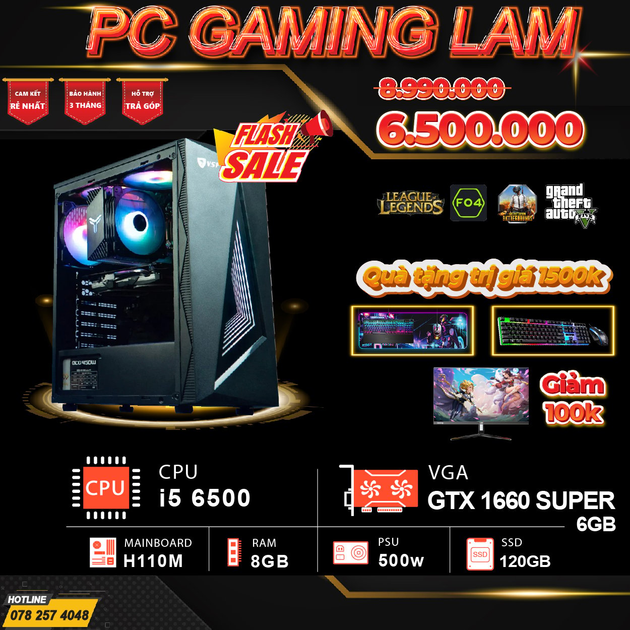 PC GAMING LAM I5 6500 / RAM 8GB / GTX 1660 SUPER / SSD 120GB