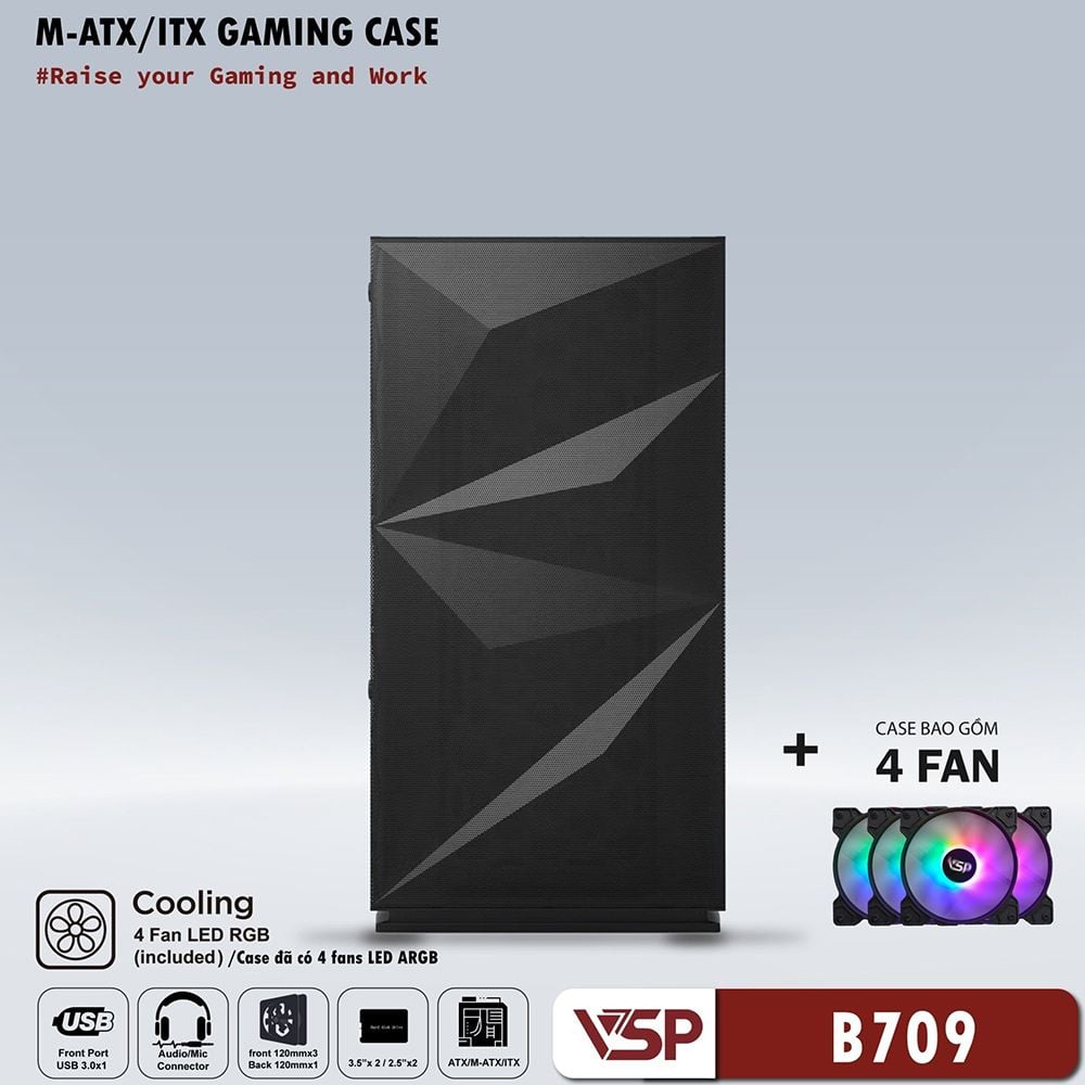 VỎ CASE VSP GAMING B709 Black ( Có Sẵn FAN LED RGB )