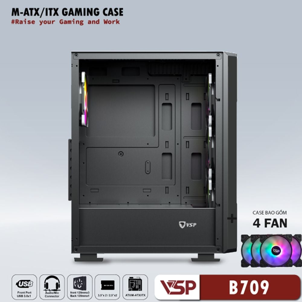 VỎ CASE VSP GAMING B709 Black ( Có Sẵn FAN LED RGB )