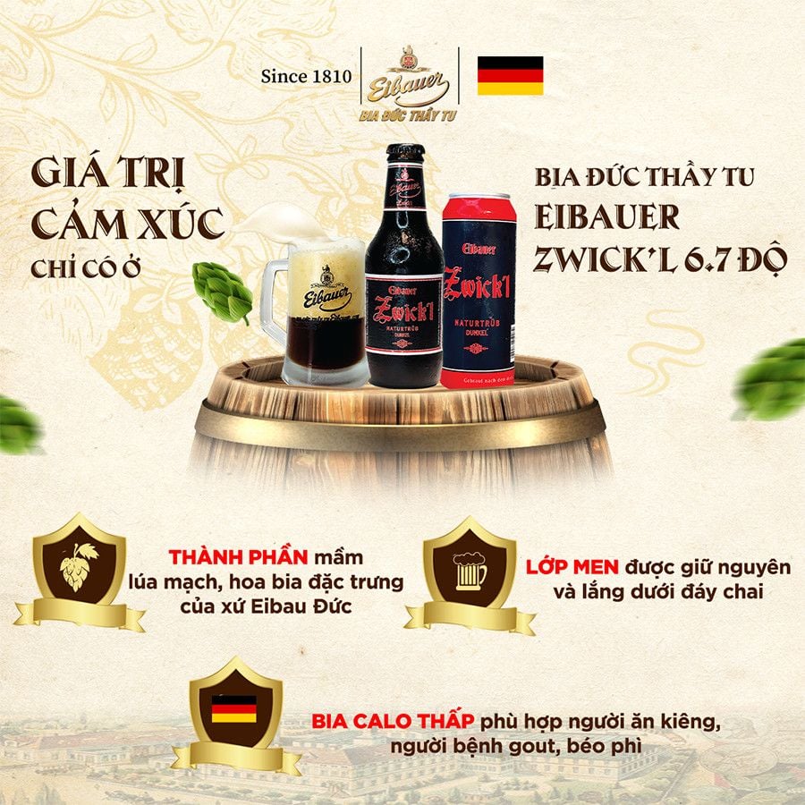 Thùng 12 Lon Bia Đức Thầy Tu EIBAUER ZWICK'L Nhập khẩu từ Đức - 500Ml/Lon