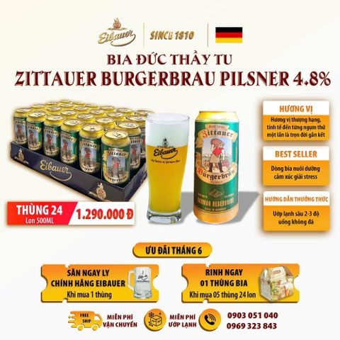 Bia Đức ZITTAUER BURGERBRAU PILSNER 4.8% độ- Bia Cân Bằng Hương Vị- Nhập Khẩu Chính Hãng Đức