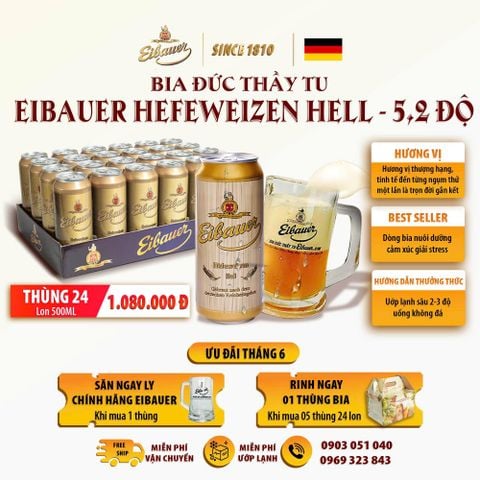 Thùng 24 Lon Bia Tu Eibauer Heffewweizen Hương Vị Lúa Mạch Thơm Công Thức Lên Men Truyền Thống - 500Ml/Lon
