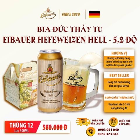 Thùng 12 Lon Bia Thầy Tu EIbauer Hefeweizen Hell - Bia Đức Nhập Khẩu - 500Ml/Lon