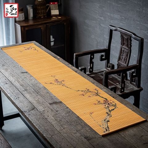 Mành tre trải bàn trà in Cành Đào - Kích thước 30x95 cm