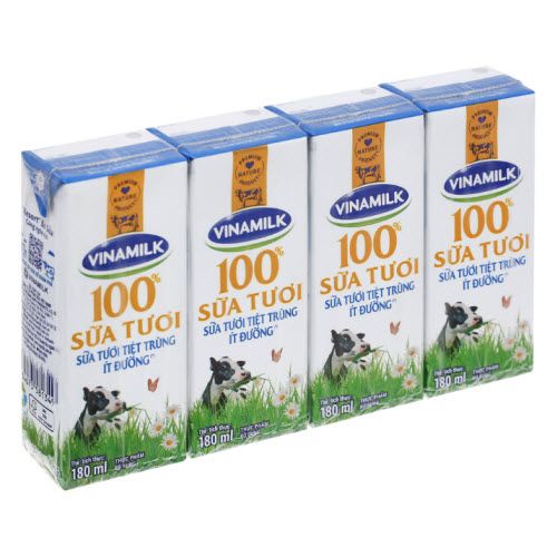 Sữa Tươi Tiệt Trùng Ít Đường Vinamilk Lốc 4 Hộp 180ml